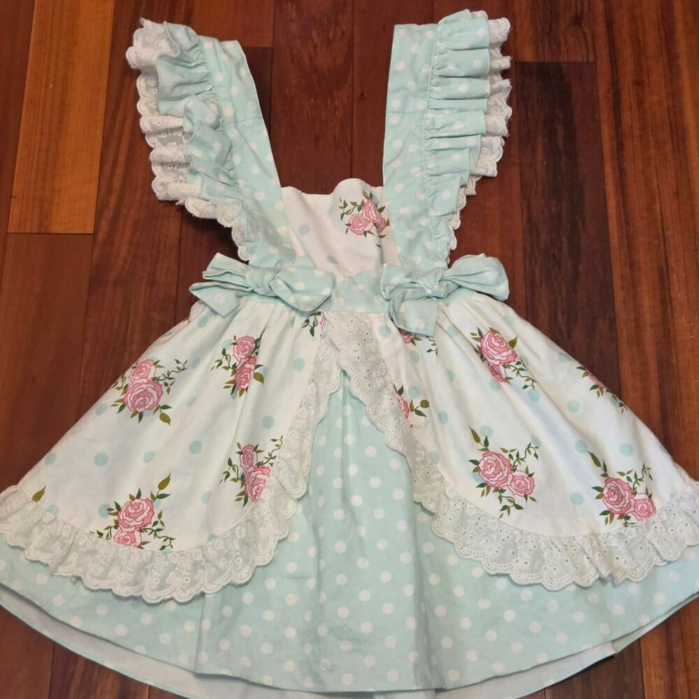 Vintage-Inspired Mint Polka Dot Rose Floral Ruffle Kids 2T Pinafore Dress
